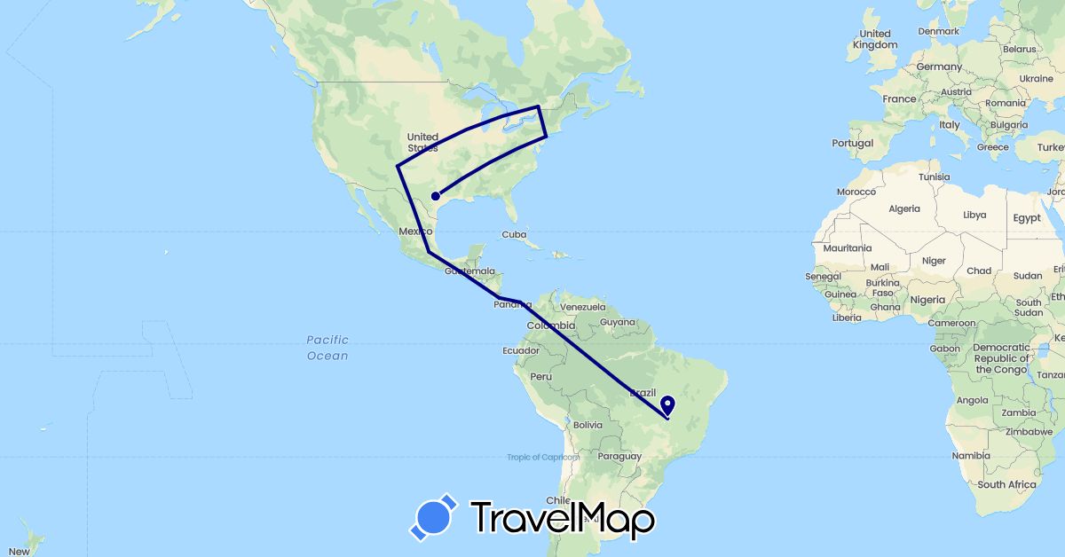TravelMap itinerary: driving in Brazil, Canada, Colombia, Costa Rica, Mexico, Panama, United States (North America, South America)